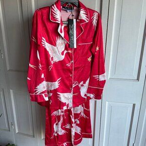 NWT DALIA MACPHEE 2pc Satin Long Pants 2 PC Pajama Set Size Small